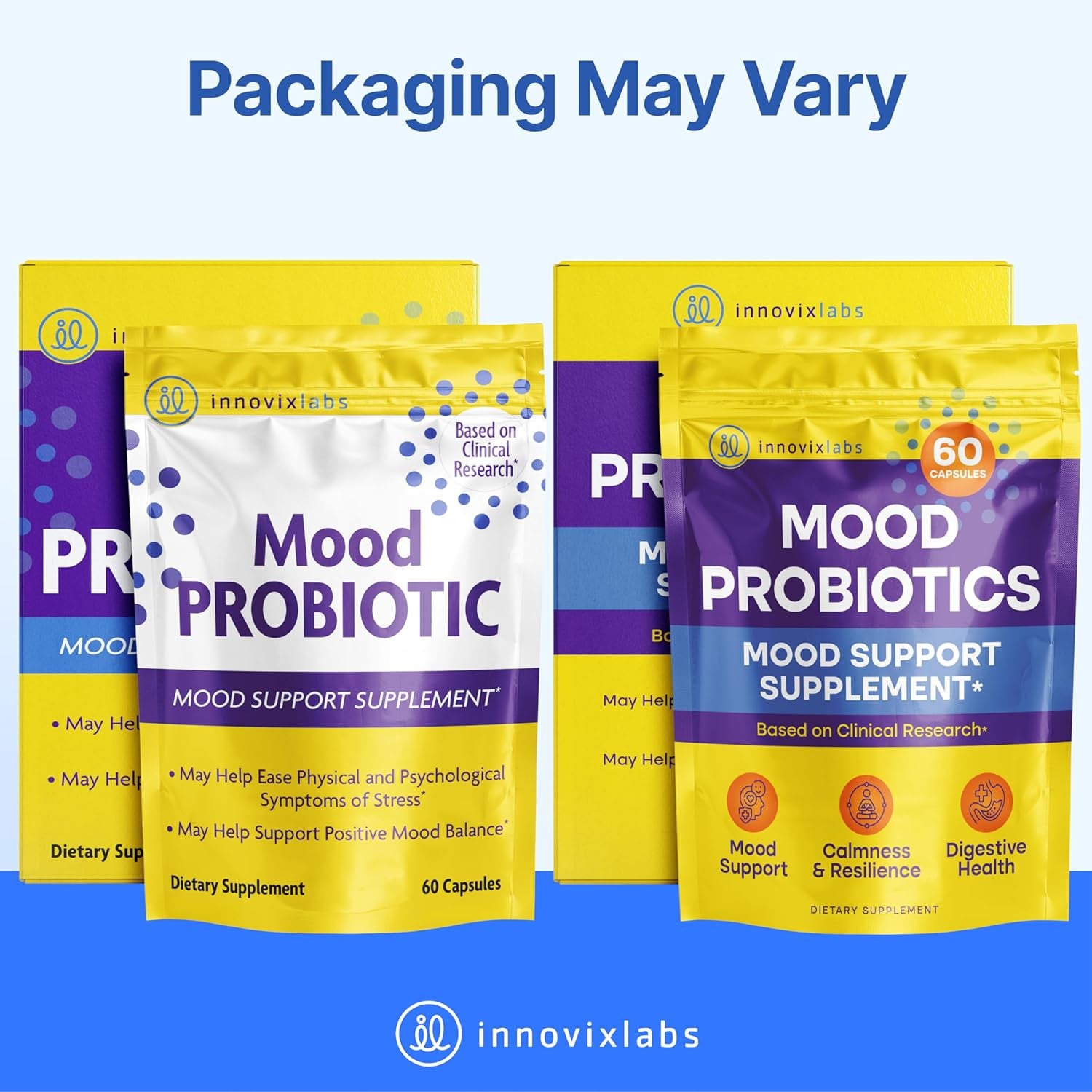 Innovixlabs Mood Probiotic for Women & Men, Clinically Studied Digestive & Mood Support Supplement, Lactobacillus Helveticus Rosell-52Nd & Bifidobacterium Longum Rosell-175, 60 Capsules