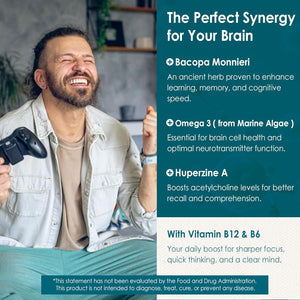 Phosphatidylserine - Nootropic Brian Supplement, Focus & Energy Gummies+ Bacopa Monnieri, Omega 3, Huperzine A, Methyl B12 & B6 for Seniors, Gamers, Workers, Non-Gmo, Caffeine-Free, Sugar Free, 2 Pack