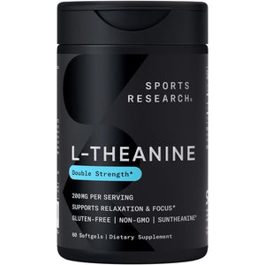 Sports Research Double Strength L-Theanine Supplement - Suntheanine Softgels for Focus, Relaxation & Alertness - Non-Drowsy Support Made with Coconut Oil, Non-Gmo & Gluten Free - 200Mg, 60 Count