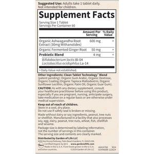 Garden of Life Organic Ashwagandha Supplement with Probiotics & Ginger - Stress, Mood & Energy Support, Vegan, Gluten Free, Non GMO, 2 Month Supply, 60 Tablets