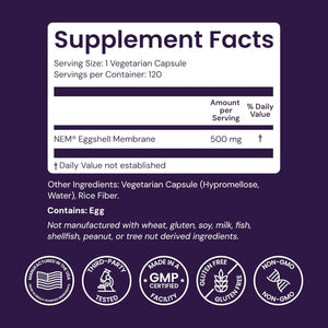 Healthy Origins NEM Eggshell Membrane 500 Mg, 120 Veggie Capsules - Clinically Studied, USA Sourced - Fast-Acting Supplement for Joint Comfort, Flexibility & Mobility - 4 Month Supply