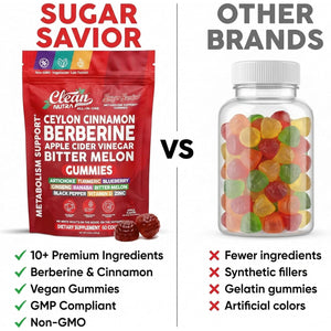 Sugar Savior Ceylon Cinnamon Berberine Gummies Apple Cider Vinegar Artichoke Turmeric Blueberry Ginseng Banaba Bitter Melon Black Pepper Vitamin D Zinc GLP1 Gummies 60 Count by Clean Nutra