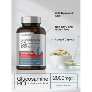 Horbäach Glucosamine HCL | with Hyaluronic Acid | 2000Mg | 120 Coated Caplets | Non-Gmo & Gluten Free Supplement