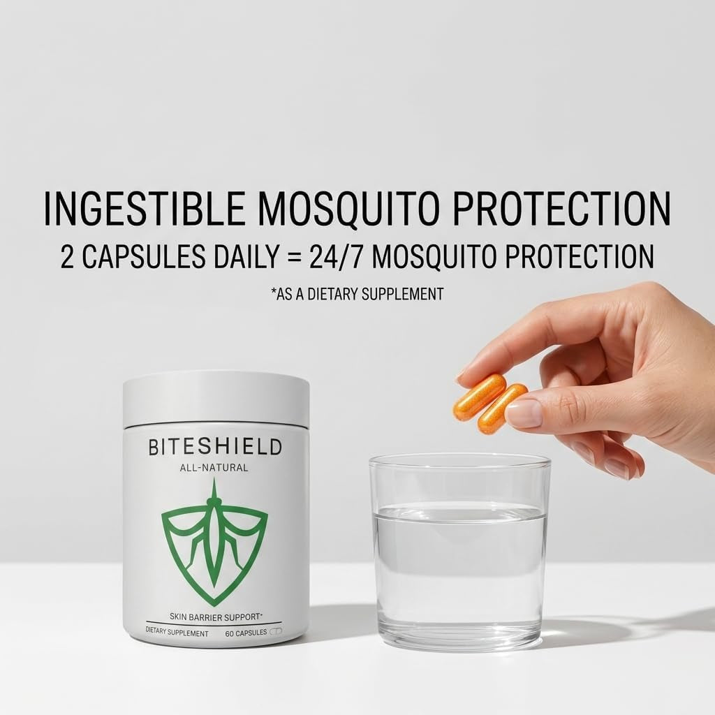 BITESHIELD Mosquito Repellent Pills for Humans — Daily Ingestible Supplement, Plant-Based, 24/7 Protection from Bug Bites — 60 Capsules, No Sprays or DEET