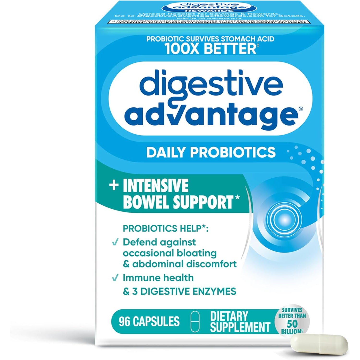 Digestive Advantage IBS Probiotics for Women and Men, Probiotics for Digestive Health & Intensive Bowel Support with Digestive Enzymes for Gut Health, Occasional Bloating & Immune Support, 96 Capsules