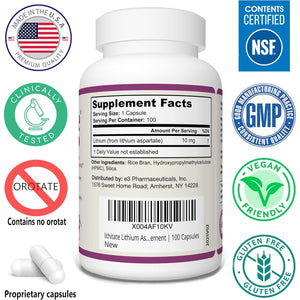 Lithium Aspartate 10Mg | Supports Cognitive Function & Brain Health with Aging | NSF Certified | Promotes Mental Clarity, Healthy Mood & Longevity | Natural Supplement | 100 Capsules
